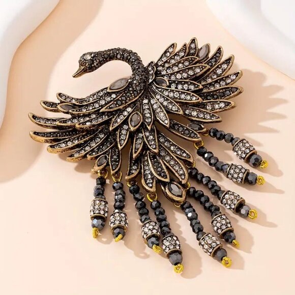 HEIDI DAUS AMAZING BLACK SWAN RHINESTONE MARCASITE W/ CRYSTAL DANGLES BROOCH 45 - Picture 2 of 5